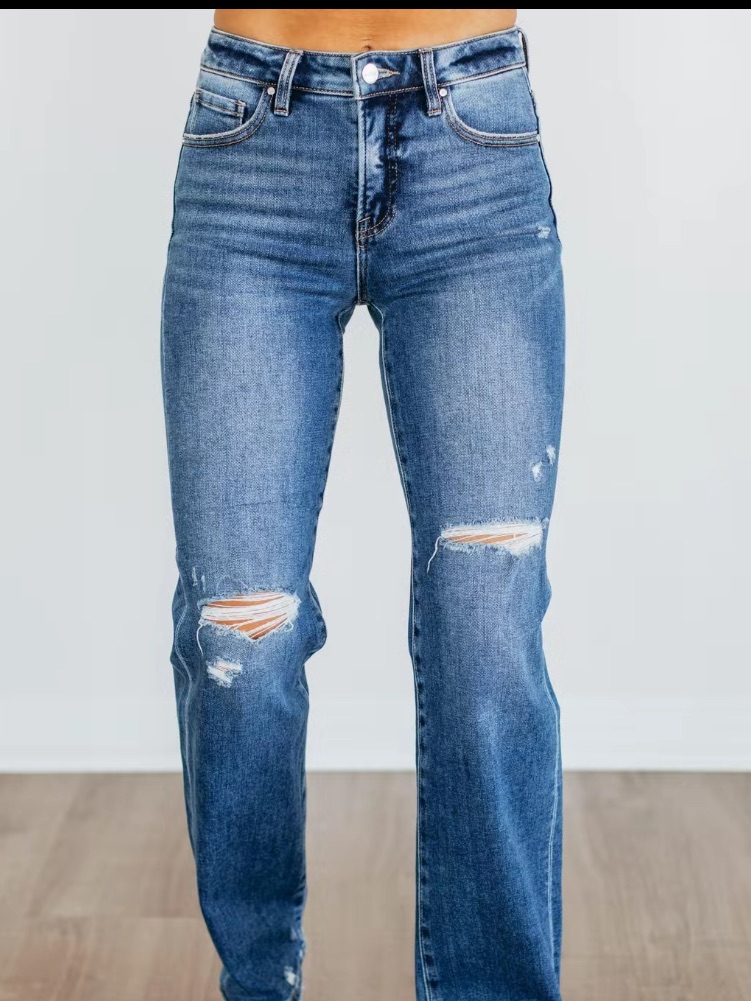 Mid-Rise Straight-Leg Distressed Tummy Control Jeans In Blue